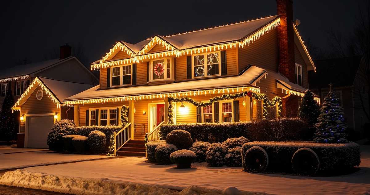 A home and street beautifully lit for the holidays at night