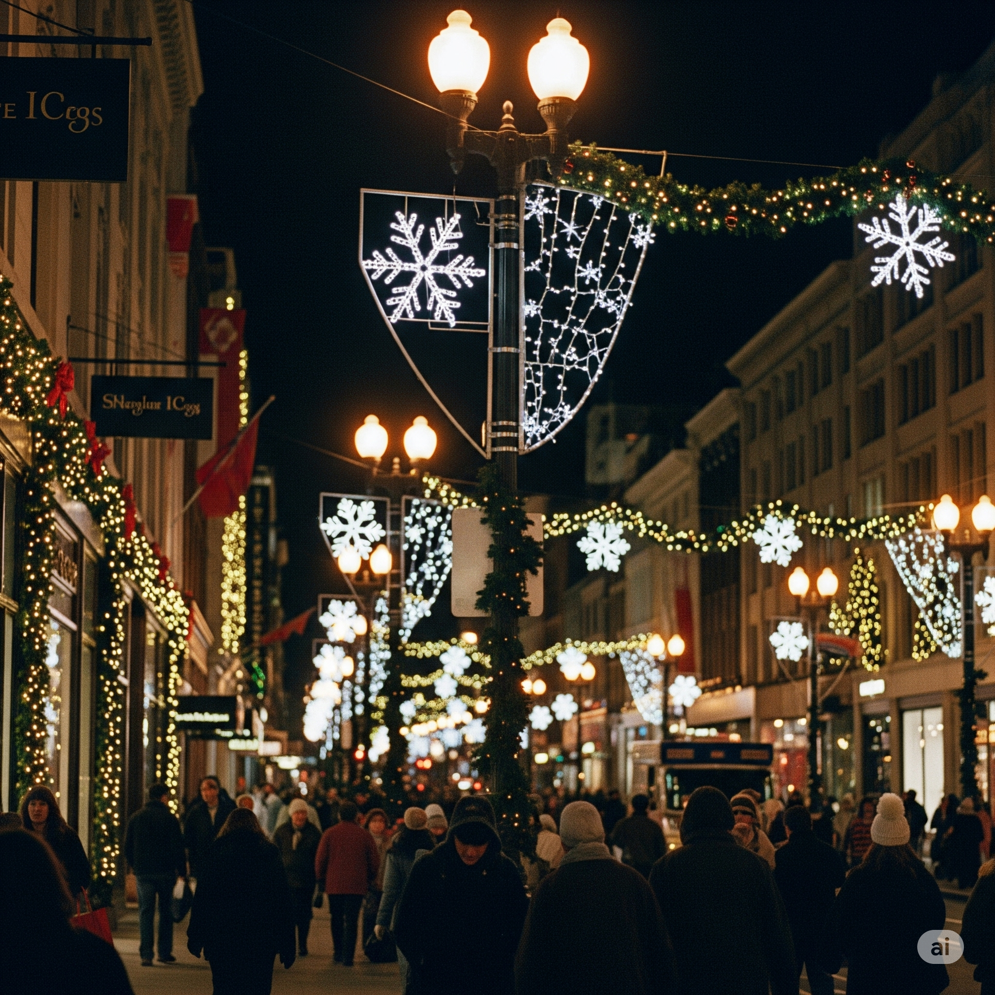 A downtown area decorated with symmetrical string lights on trees and lamp posts.