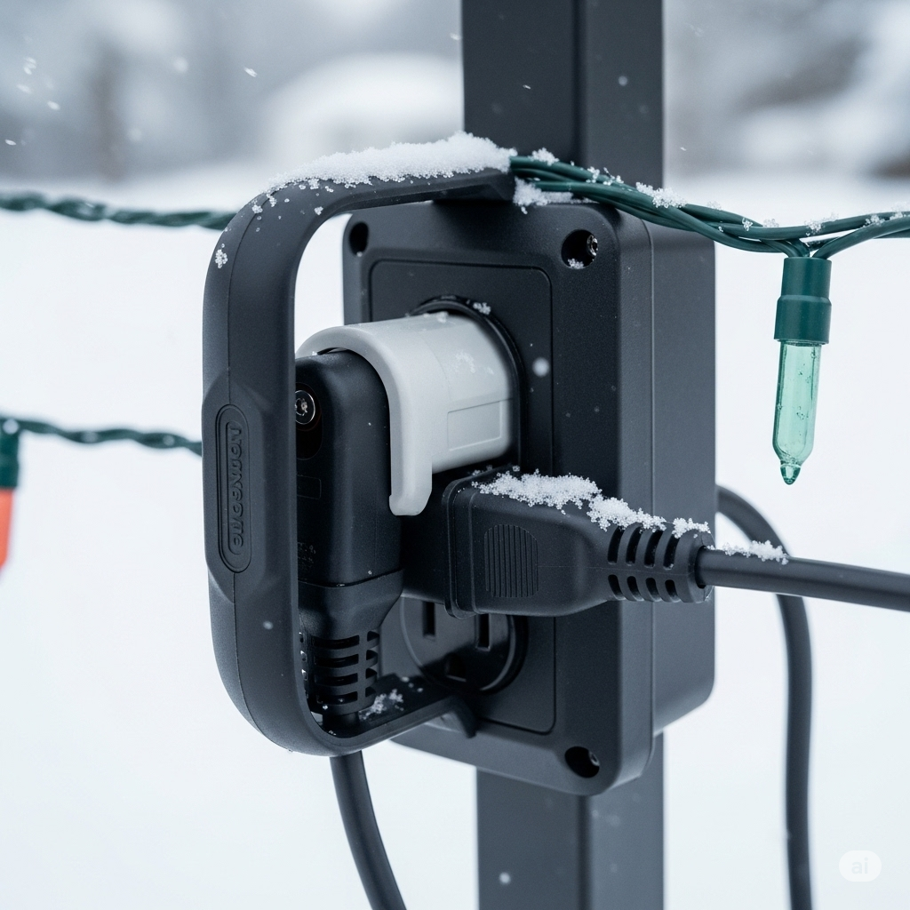 Close-up of weatherproof extension cord and outlet with snow guard.