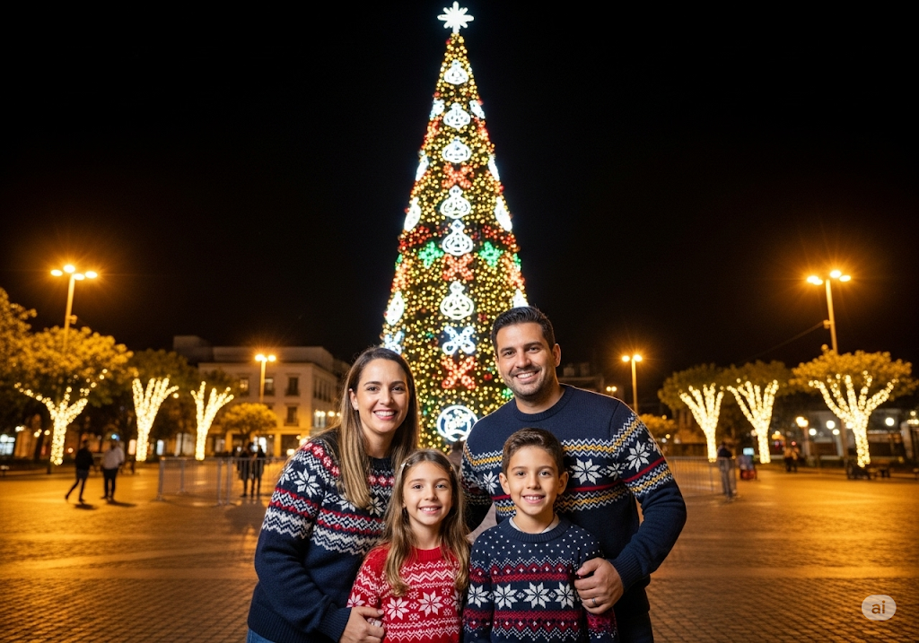 Kids posing in front of a city-sponsored Christmas tree.